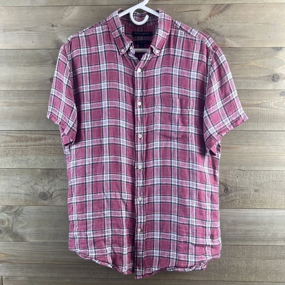 Banana Republic Mens Shirt Short Sleeve Button Camden Standard Fit Linen Medium - Picture 1 of 6